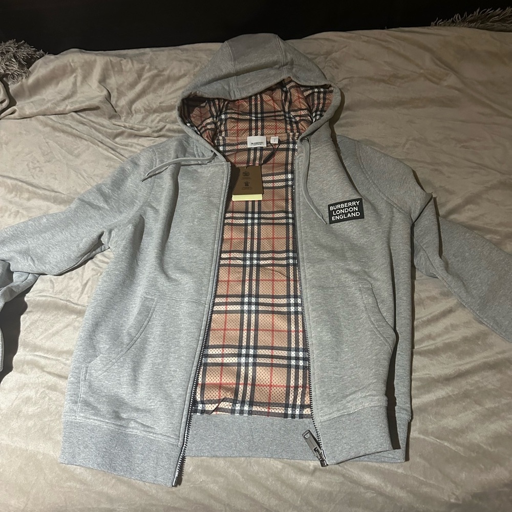 Burberry Gray Hoodie with Plaid Lining